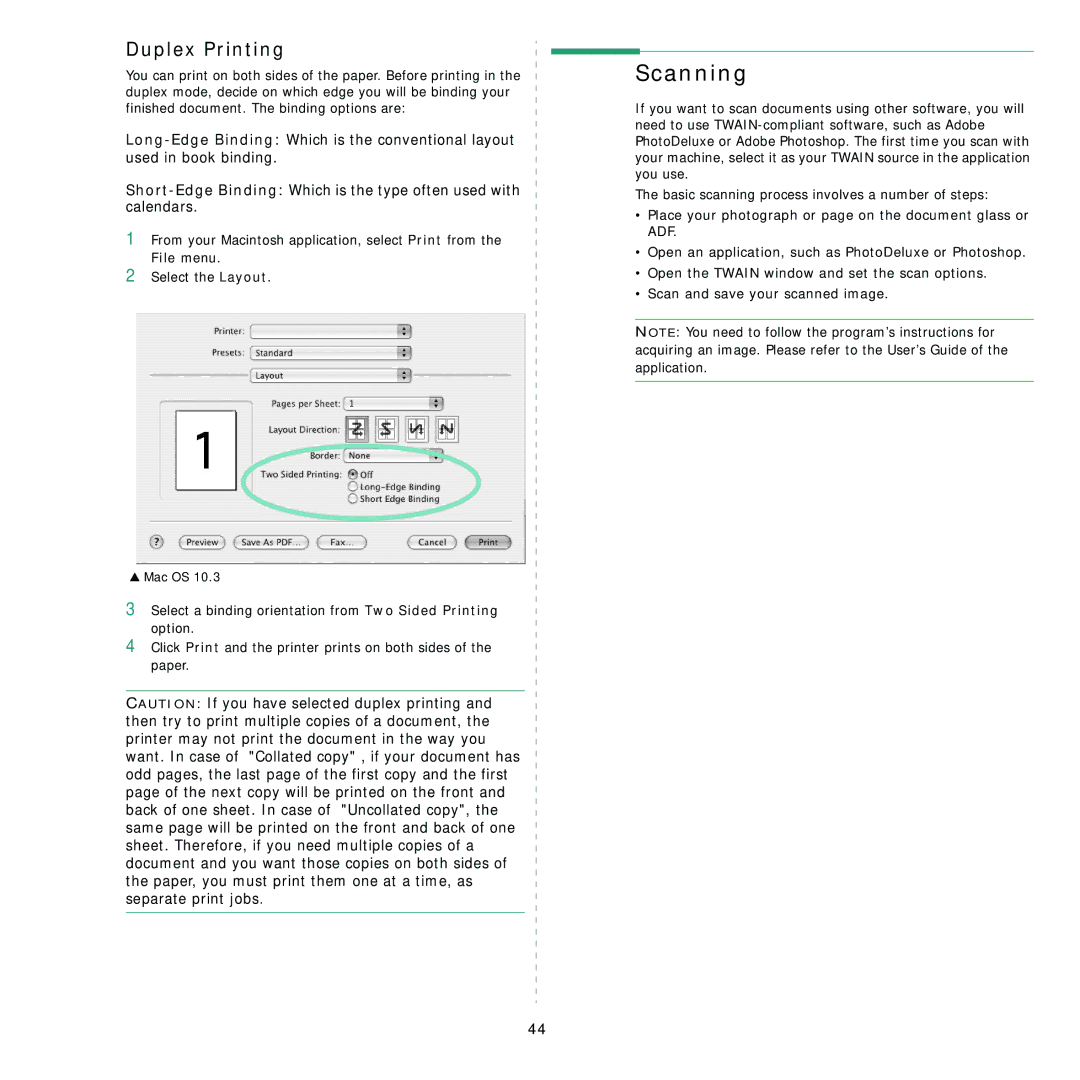 Samsung SCX-5x30 manual Scanning, Duplex Printing 