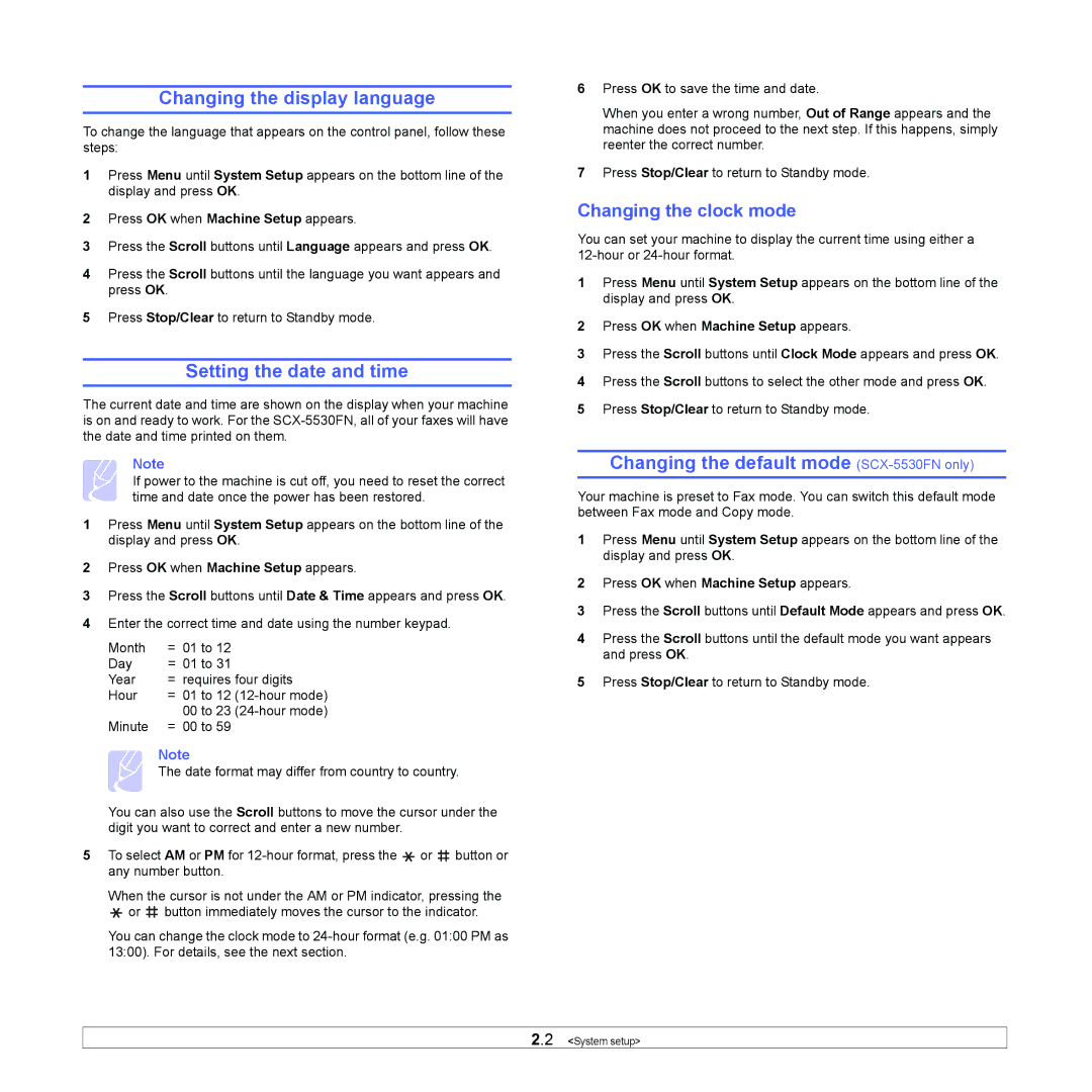 Samsung SCX-5x30 manual Changing the display language, Setting the date and time, Changing the default mode SCX-5530FN only 