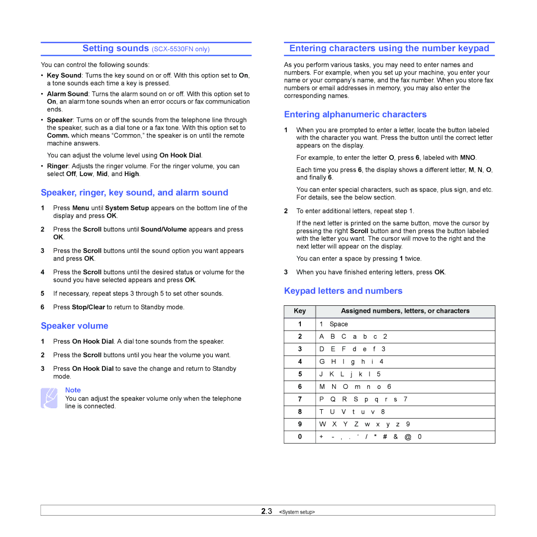 Samsung SCX-5x30 Entering characters using the number keypad, Speaker, ringer, key sound, and alarm sound, Speaker volume 