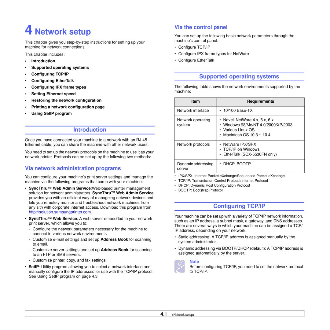 Samsung SCX-5x30 manual Network setup, Supported operating systems, Configuring TCP/IP, Via network administration programs 