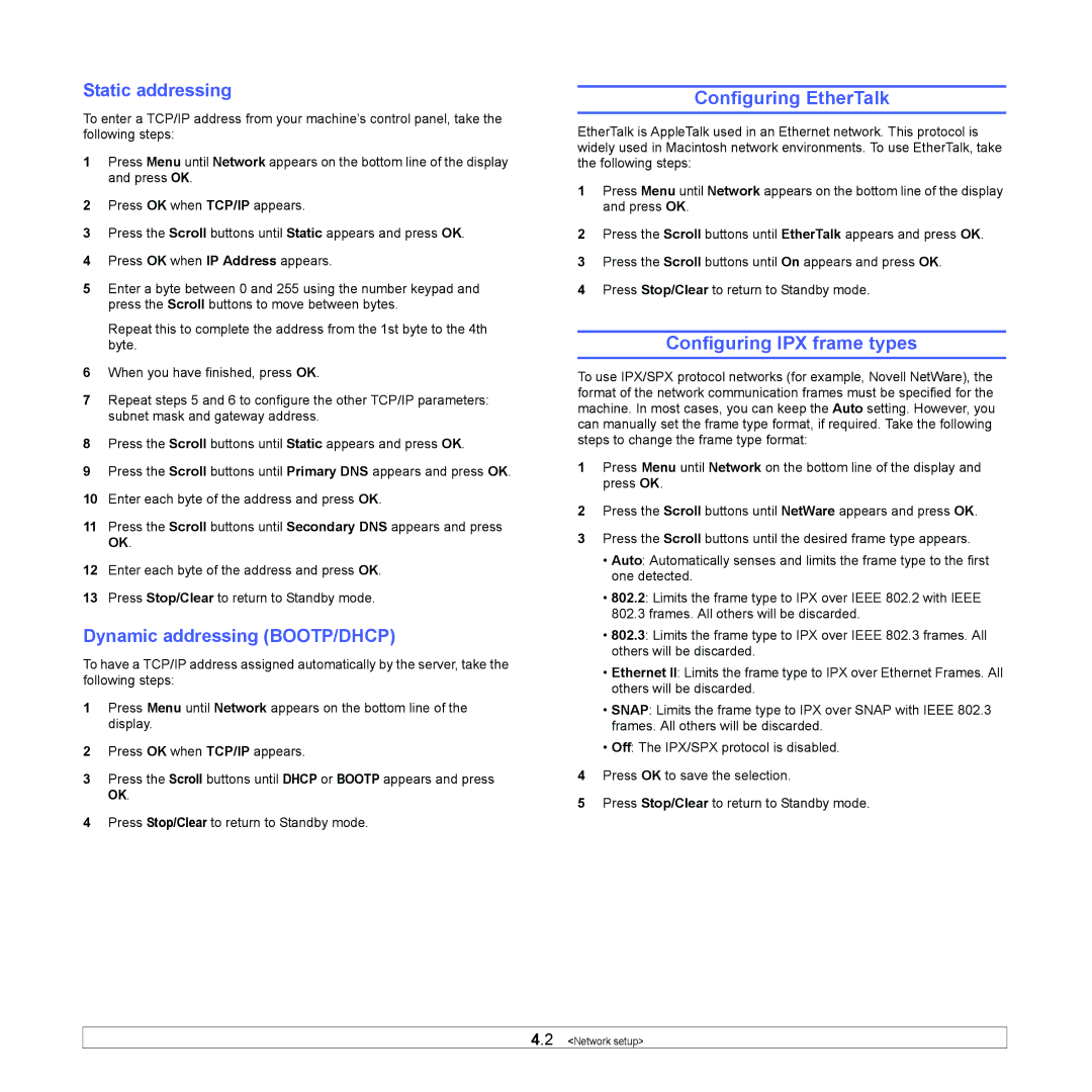 Samsung SCX-5x30 Configuring EtherTalk, Configuring IPX frame types, Static addressing, Dynamic addressing BOOTP/DHCP 