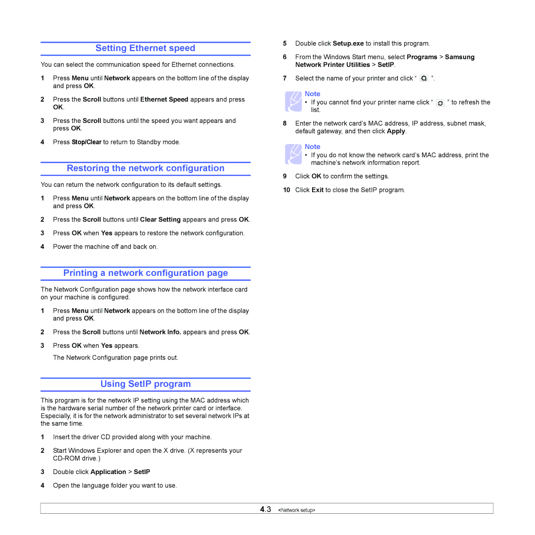 Samsung SCX-5x30 manual Setting Ethernet speed, Restoring the network configuration, Printing a network configuration 