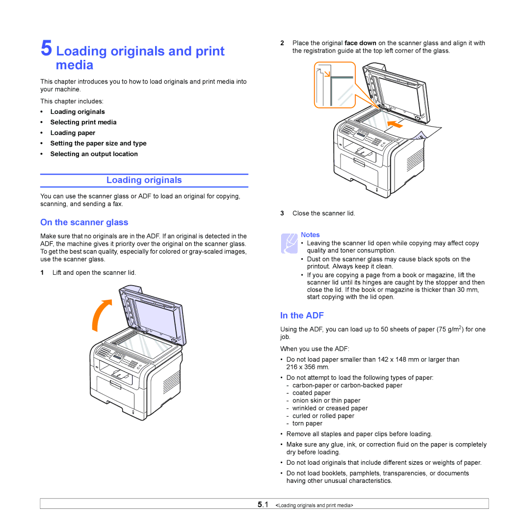 Samsung SCX-5x30 manual Loading originals and print media, On the scanner glass, Adf 