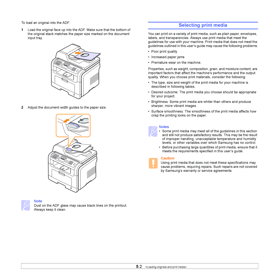 Samsung SCX-5x30 manual Selecting print media 