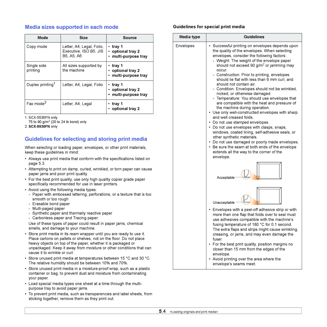 Samsung SCX-5x30 Media sizes supported in each mode, Guidelines for selecting and storing print media, Mode Size Source 