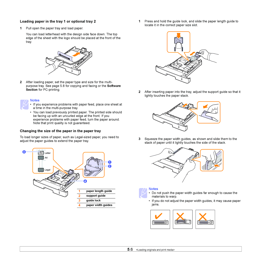 Samsung SCX-5x30 manual Loading paper in the tray 1 or optional tray, Changing the size of the paper in the paper tray 