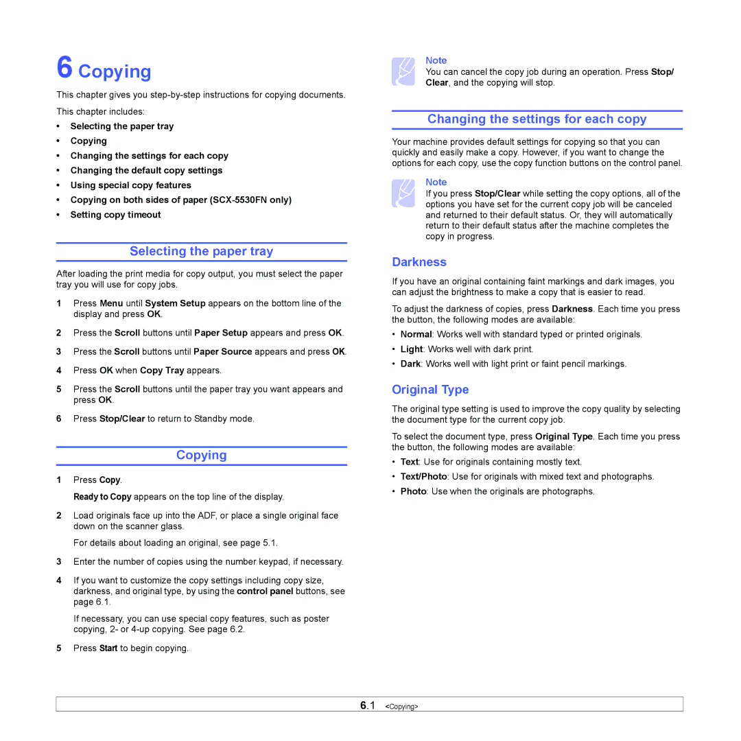 Samsung SCX-5x30 manual Copying, Selecting the paper tray, Changing the settings for each copy, Darkness, Original Type 