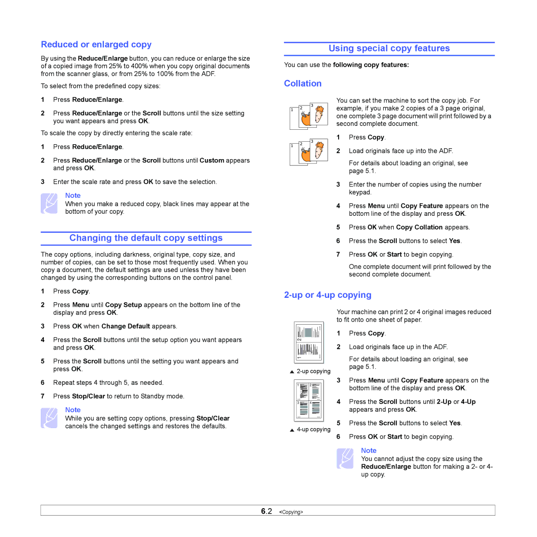 Samsung SCX-5x30 Changing the default copy settings, Using special copy features, Reduced or enlarged copy, Collation 