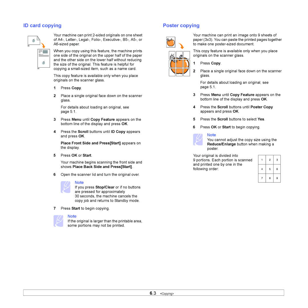 Samsung SCX-5x30 manual ID card copying, Poster copying, Place Front Side and PressStart appears on the display 