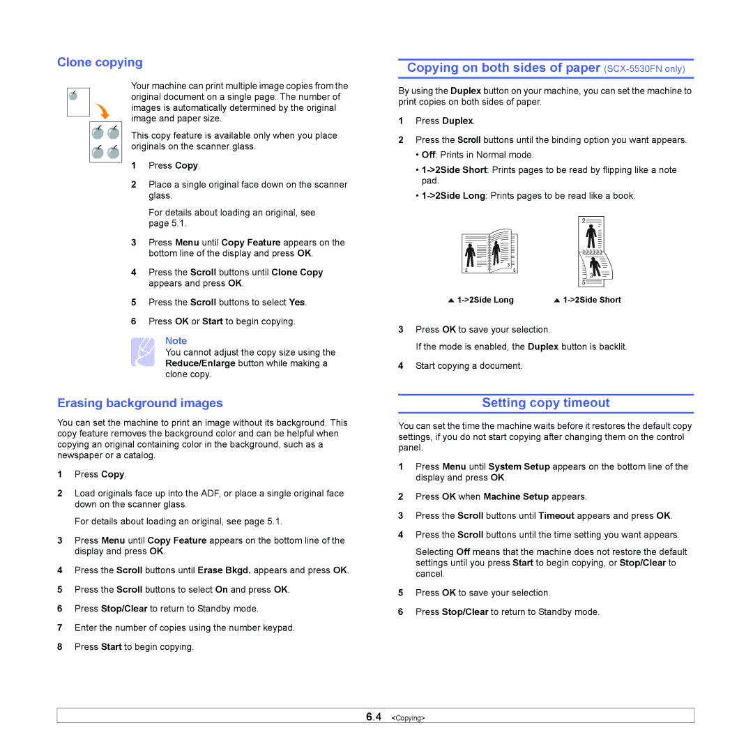 Samsung SCX-5x30 manual Copying on both sides of paper SCX-5530FN only, Setting copy timeout, Clone copying 