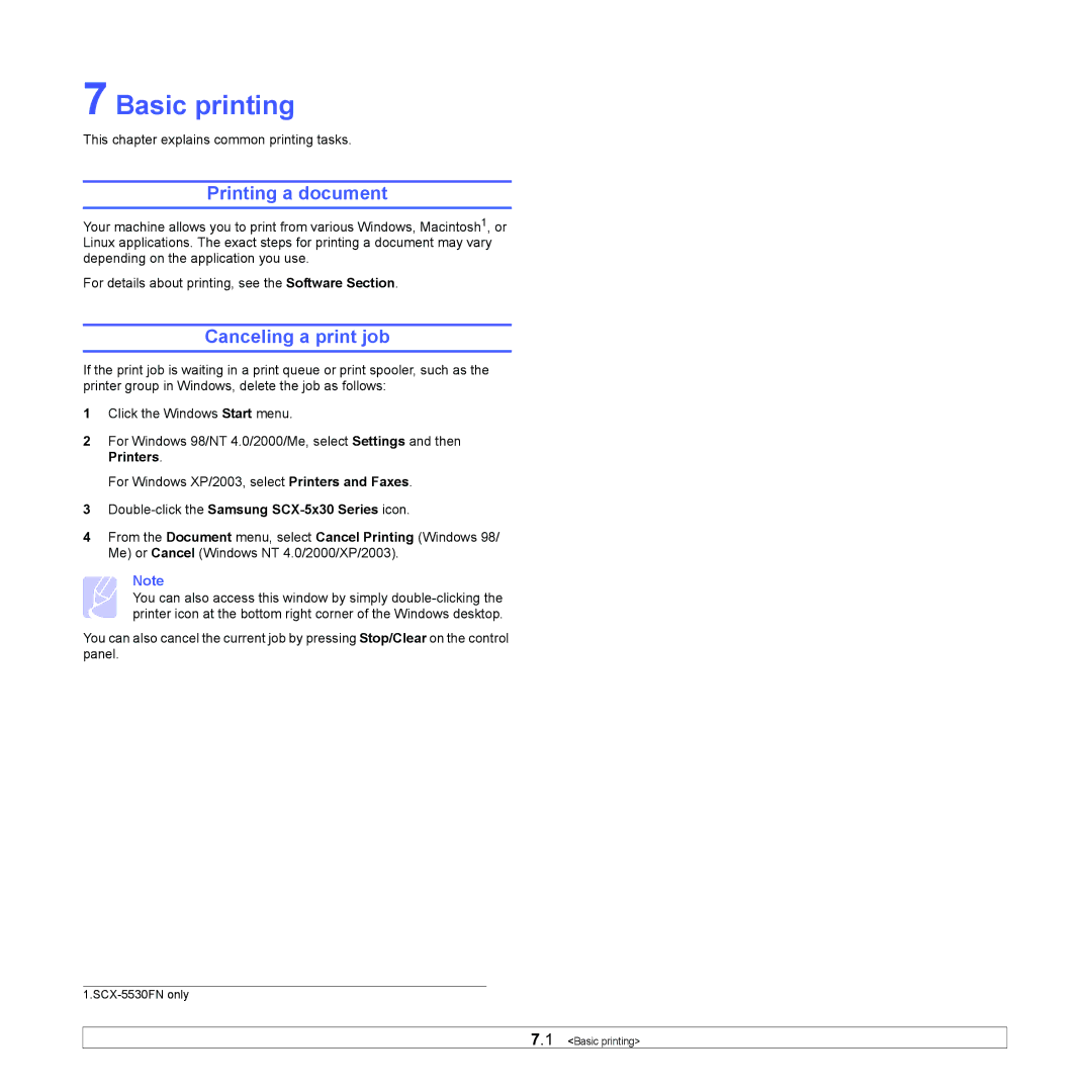 Samsung manual Basic printing, Printing a document, Canceling a print job, Double-click the Samsung SCX-5x30 Series icon 