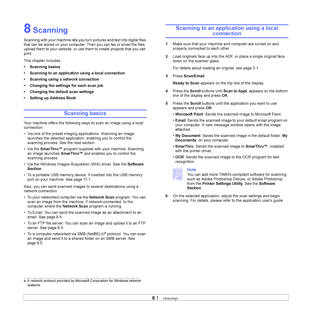 Samsung SCX-5x30 manual Scanning basics, Scanning to an application using a local Connection, Press Scan/Email 