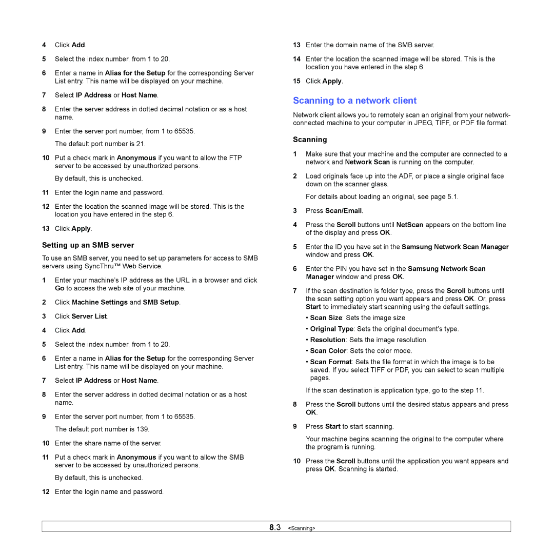 Samsung SCX-5x30 manual Scanning to a network client, Setting up an SMB server 