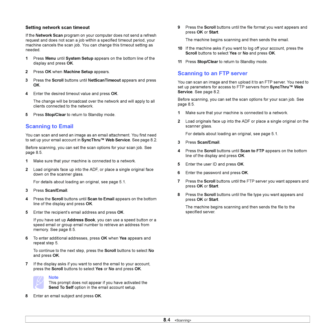 Samsung SCX-5x30 manual Scanning to Email, Scanning to an FTP server, Setting network scan timeout 