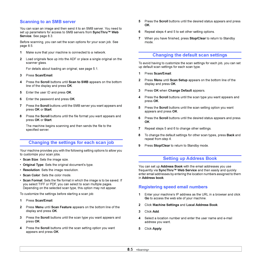 Samsung SCX-5x30 Changing the settings for each scan job, Changing the default scan settings, Setting up Address Book 