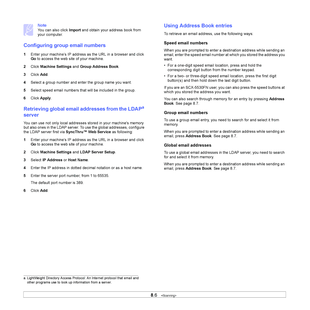 Samsung SCX-5x30 manual Configuring group email numbers, Retrieving global email addresses from the LDAPa server 