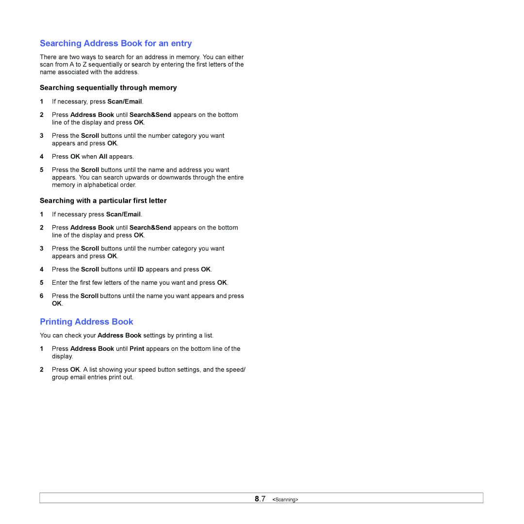 Samsung SCX-5x30 manual Searching Address Book for an entry, Printing Address Book, Searching sequentially through memory 