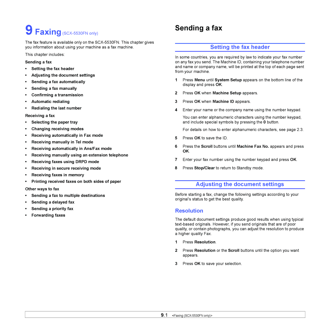 Samsung SCX-5x30 manual Setting the fax header, Adjusting the document settings, Press Resolution 