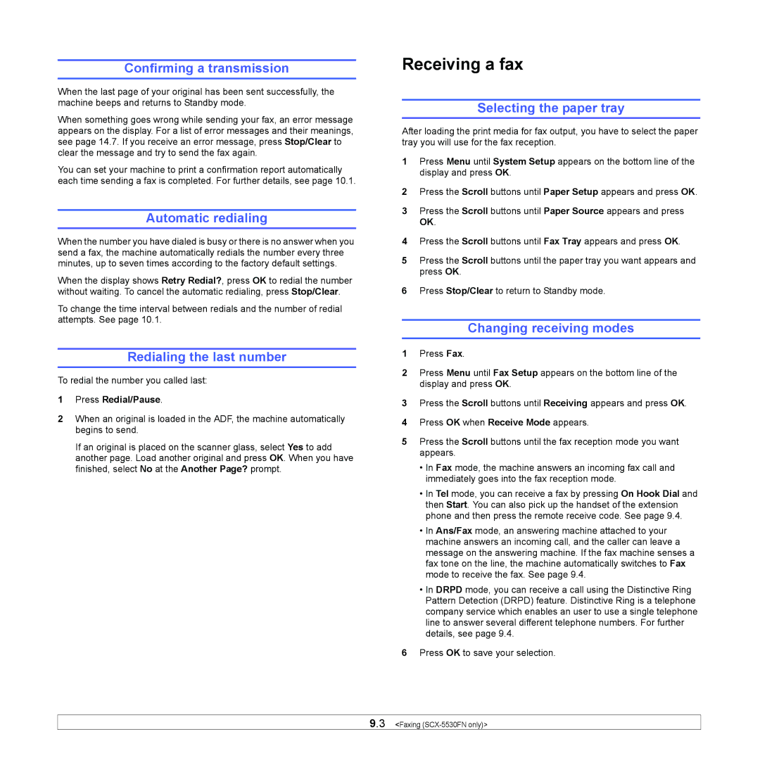 Samsung SCX-5x30 manual Confirming a transmission, Automatic redialing, Redialing the last number, Changing receiving modes 