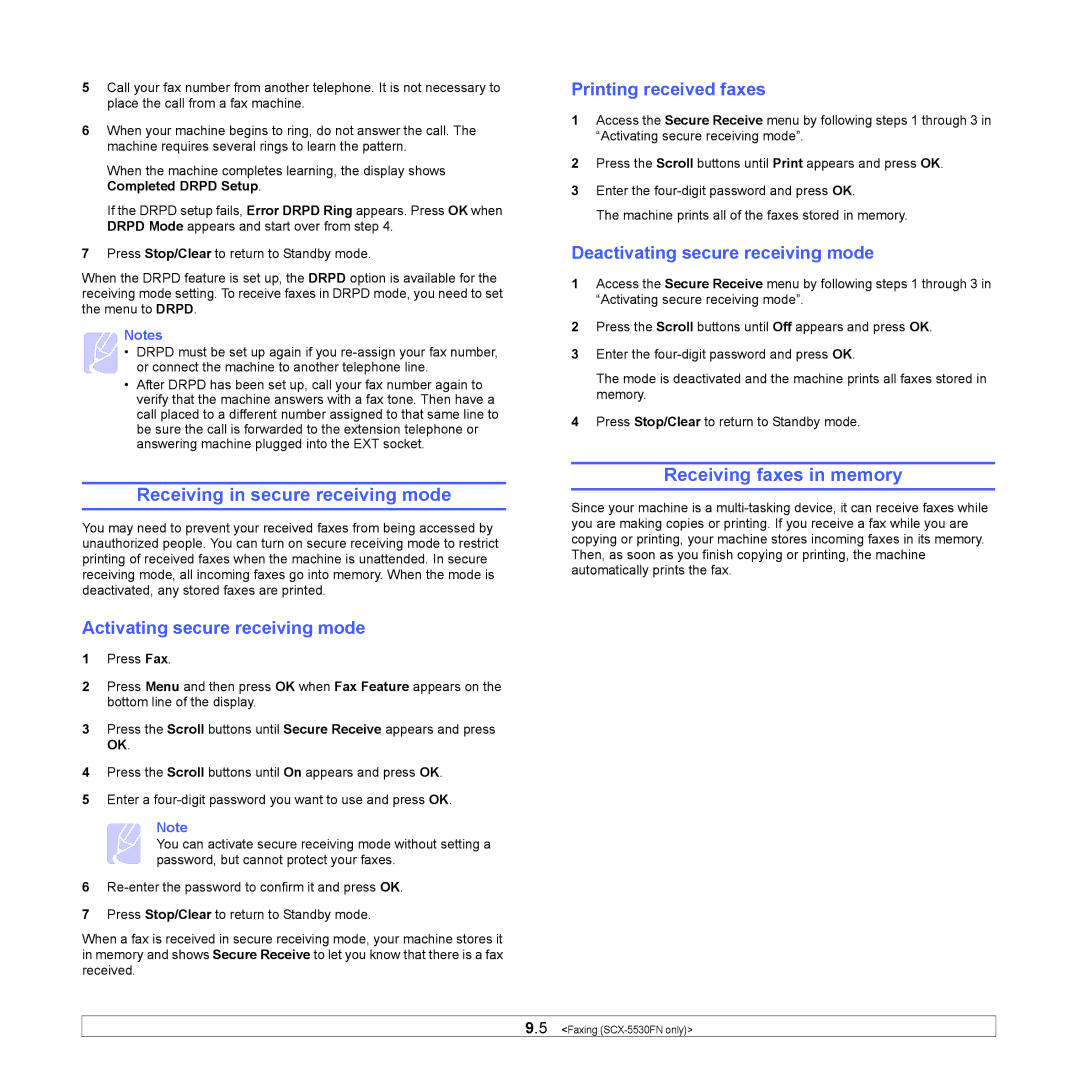 Samsung SCX-5x30 manual Receiving in secure receiving mode, Receiving faxes in memory, Activating secure receiving mode 