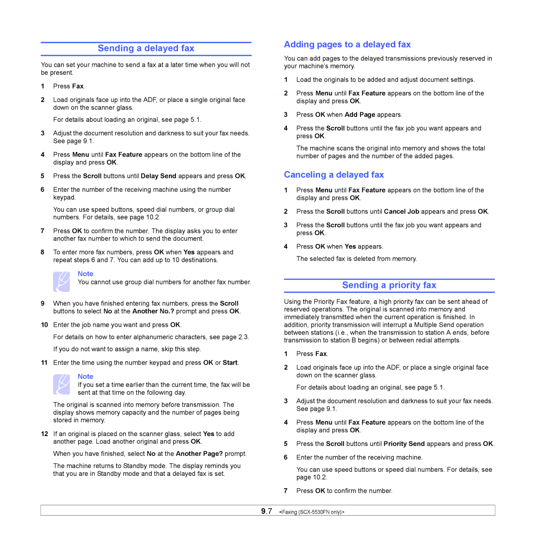 Samsung SCX-5x30 Sending a delayed fax, Sending a priority fax, Adding pages to a delayed fax, Canceling a delayed fax 