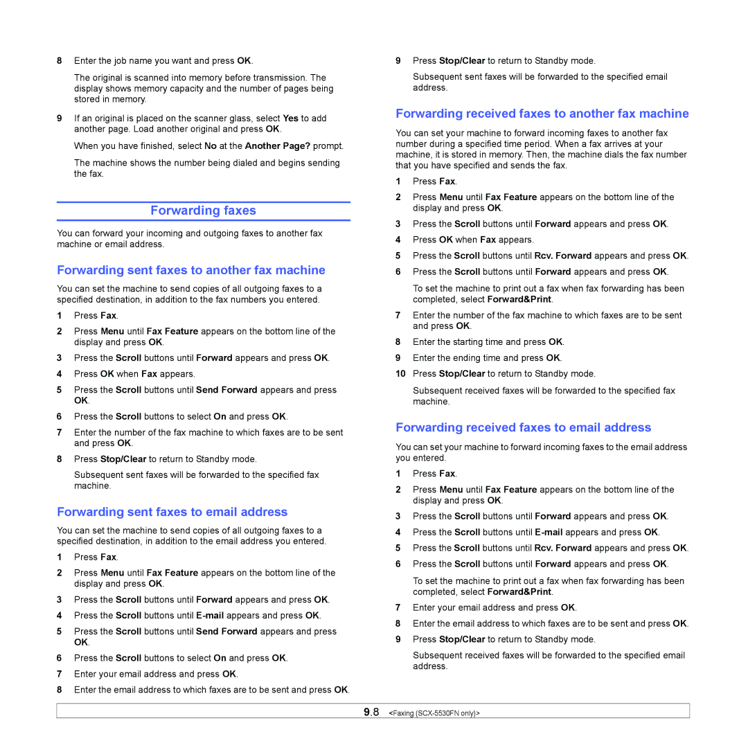 Samsung SCX-5x30 Forwarding faxes, Forwarding sent faxes to another fax machine, Forwarding sent faxes to email address 