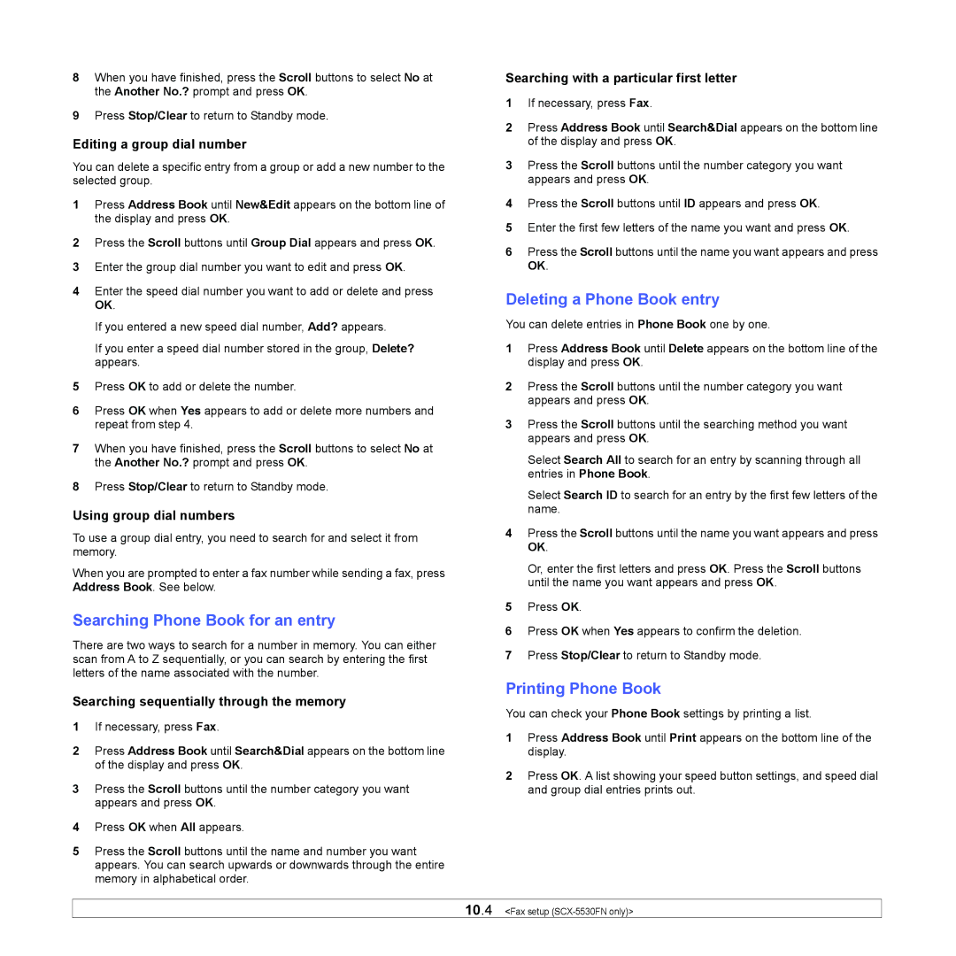 Samsung SCX-5x30 manual Searching Phone Book for an entry, Deleting a Phone Book entry, Printing Phone Book 