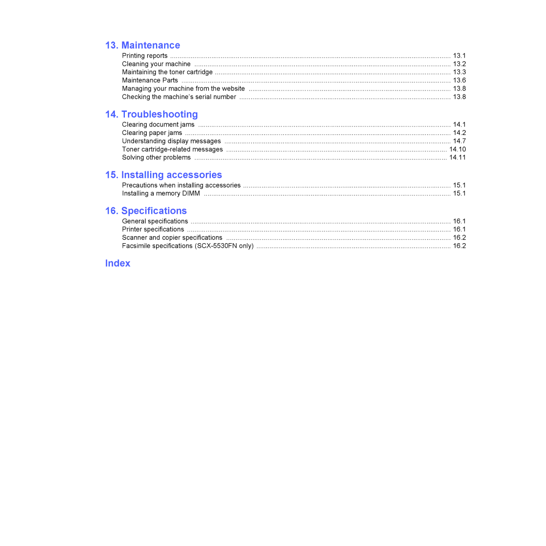 Samsung SCX-5x30 manual Maintenance, Troubleshooting, Installing accessories, Specifications, Index 
