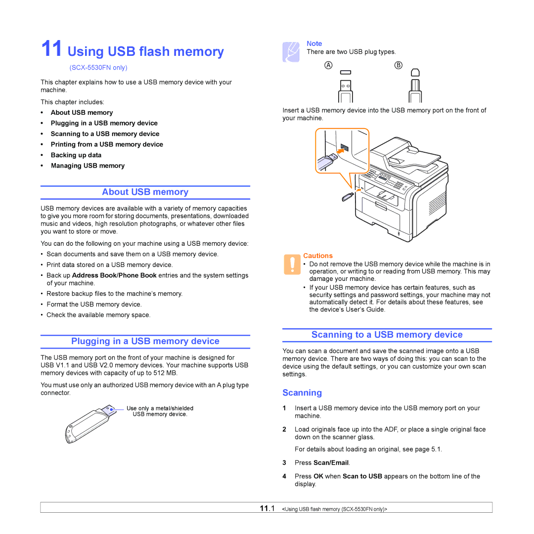 Samsung SCX-5x30 manual Using USB flash memory, About USB memory, Plugging in a USB memory device, Scanning 