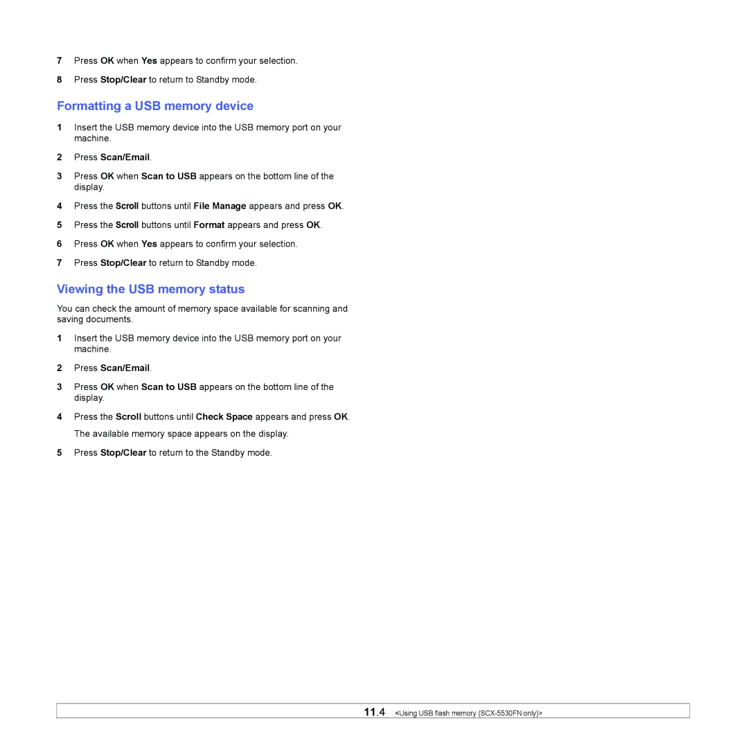 Samsung SCX-5x30 manual Formatting a USB memory device, Viewing the USB memory status 