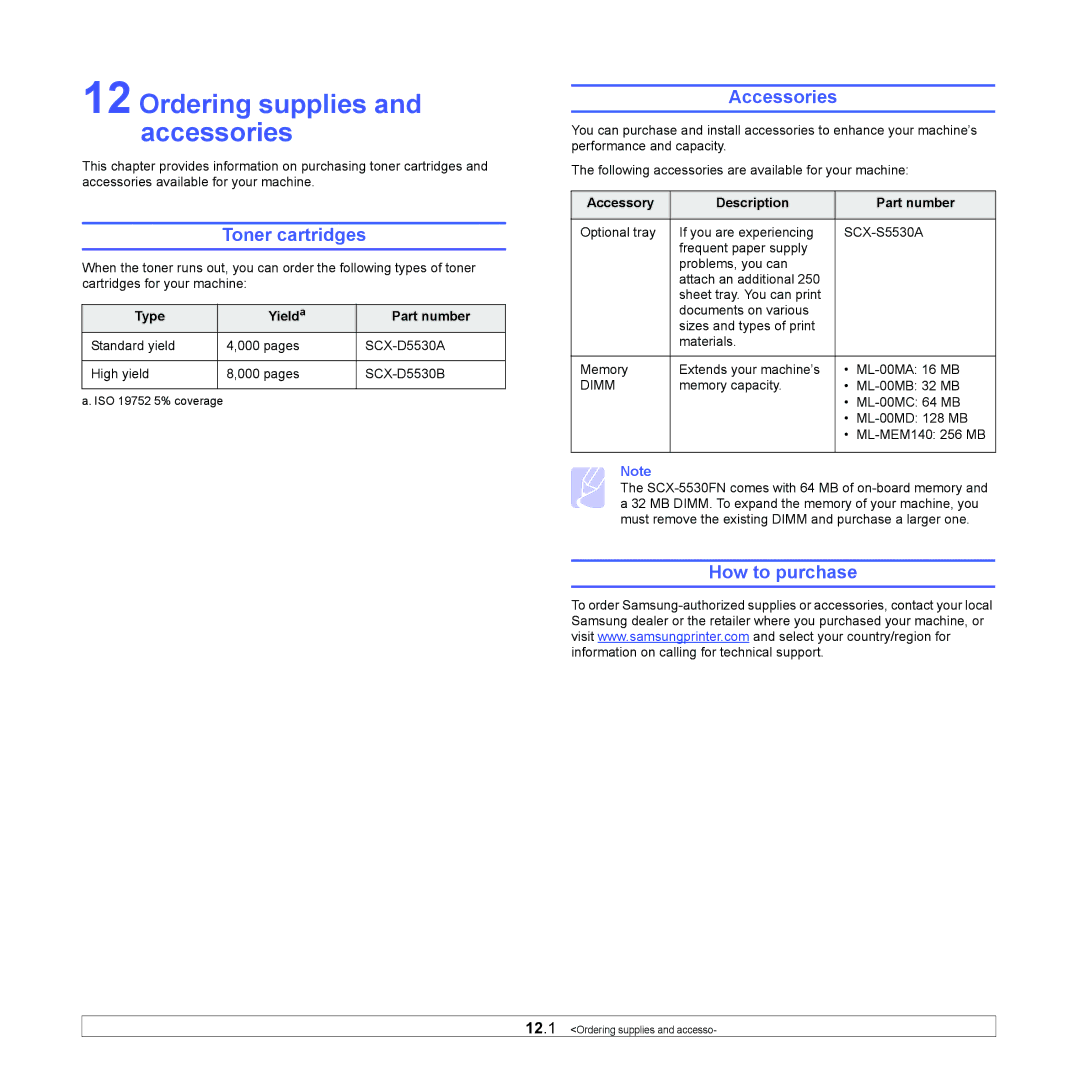 Samsung SCX-5x30 manual Ordering supplies and accessories, Toner cartridges, Accessories, How to purchase 