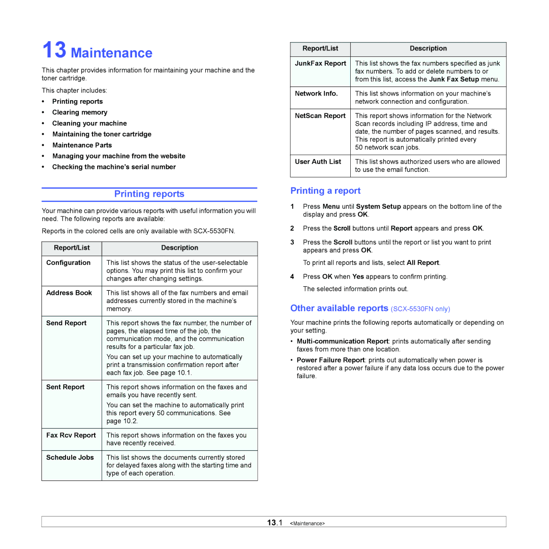 Samsung SCX-5x30 manual Maintenance, Printing reports, Printing a report, Other available reports SCX-5530FN only 