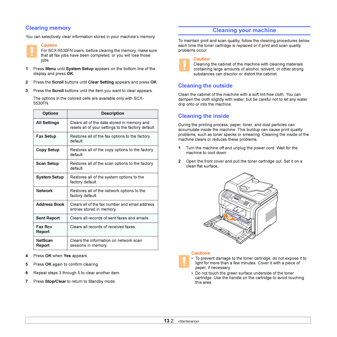 Samsung SCX-5x30 manual Cleaning your machine, Clearing memory, Cleaning the outside, Cleaning the inside 