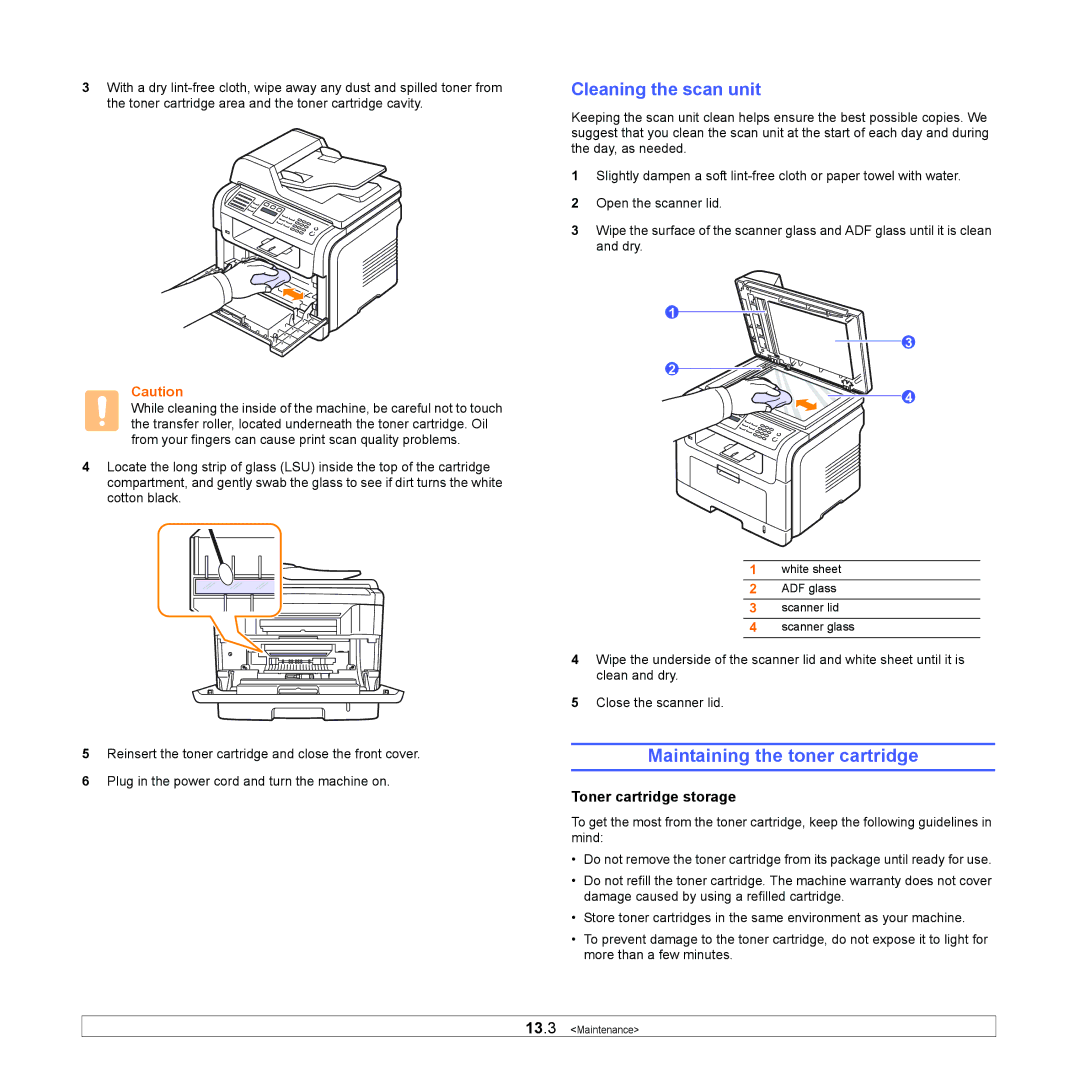 Samsung SCX-5x30 manual Maintaining the toner cartridge, Cleaning the scan unit, Toner cartridge storage 