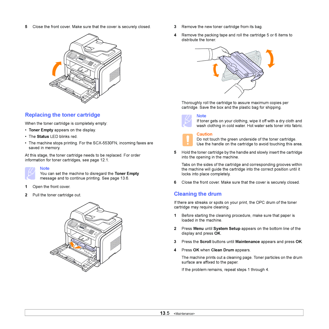 Samsung SCX-5x30 manual Replacing the toner cartridge, Cleaning the drum 