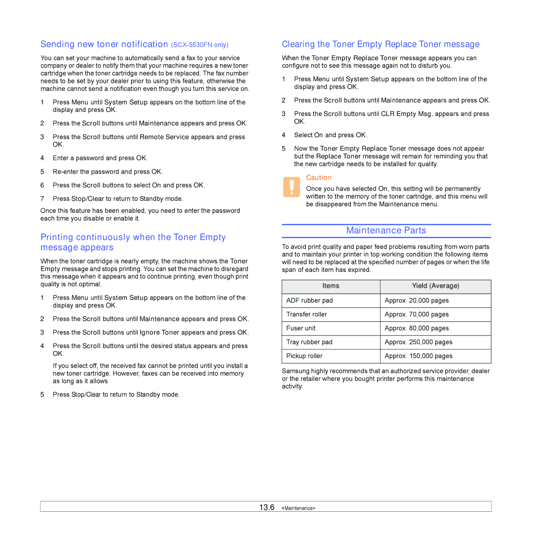 Samsung SCX-5x30 manual Maintenance Parts, Sending new toner notification SCX-5530FN only, Items Yield Average 