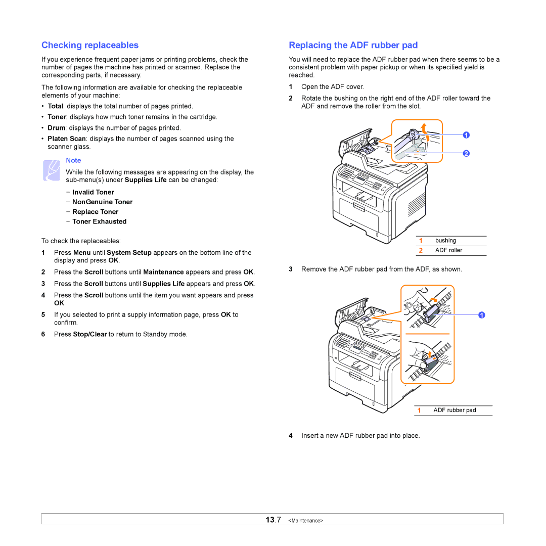 Samsung SCX-5x30 manual Checking replaceables, Replacing the ADF rubber pad 