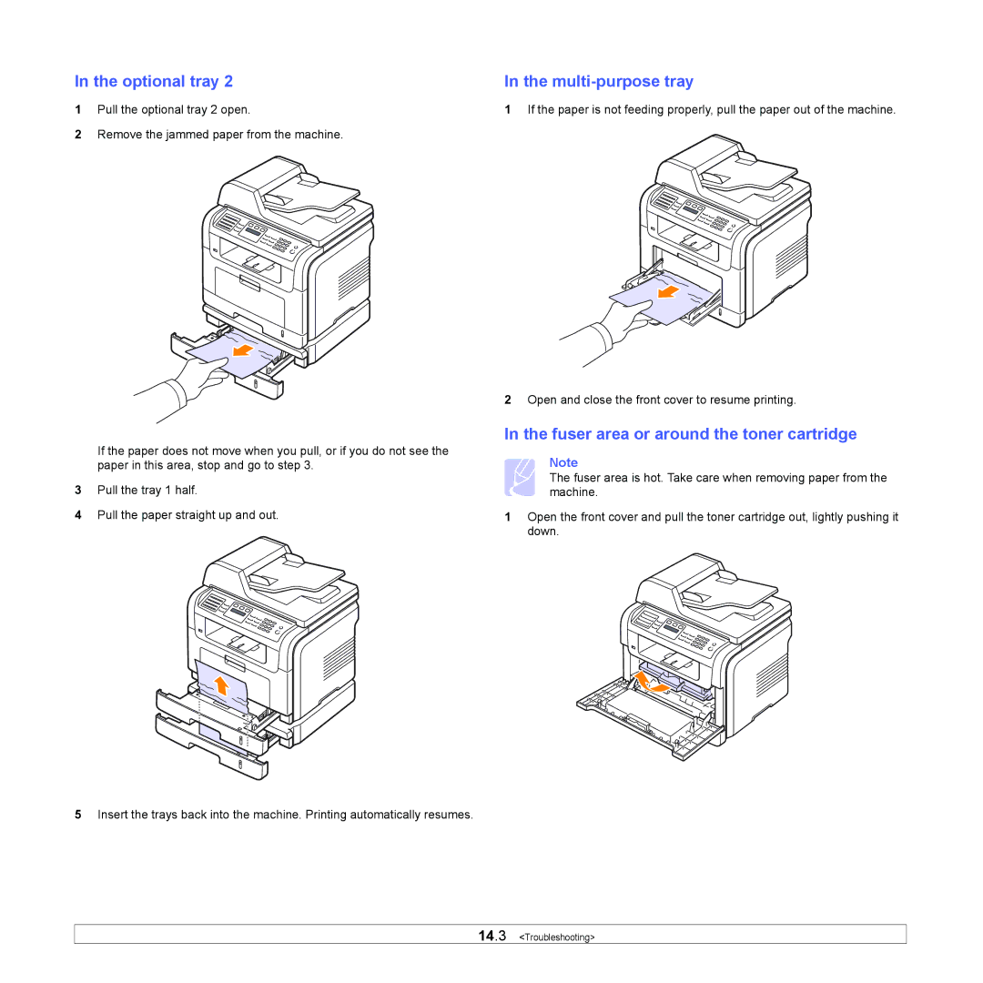 Samsung SCX-5x30 manual Optional tray Multi-purpose tray, Fuser area or around the toner cartridge 