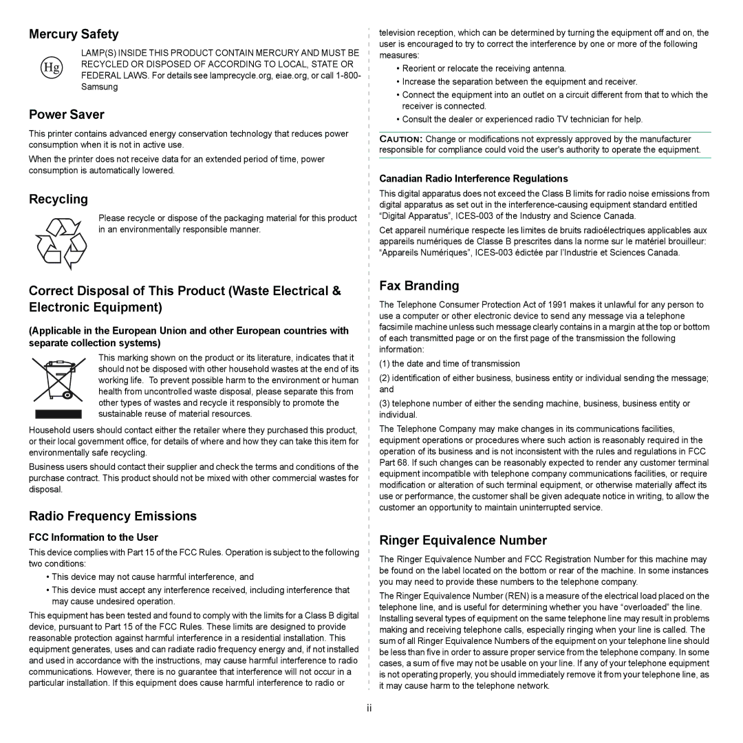 Samsung SCX-5x30 manual Canadian Radio Interference Regulations, FCC Information to the User 