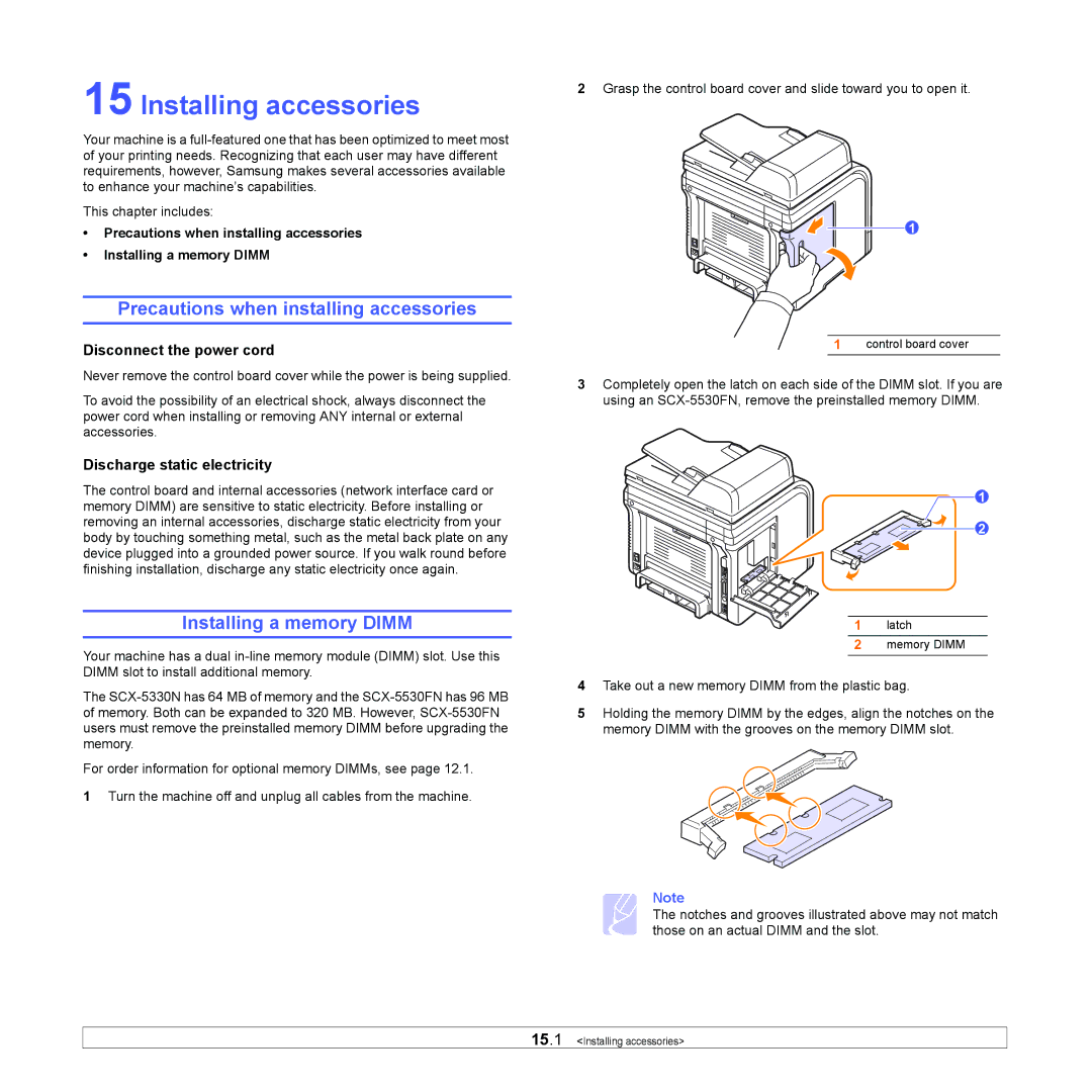 Samsung SCX-5x30 manual Installing accessories, Precautions when installing accessories, Installing a memory Dimm 