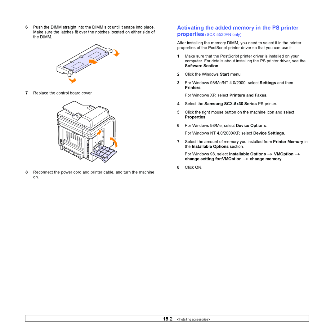 Samsung manual Activating the added memory in the PS printer, Select the Samsung SCX-5x30 Series PS printer 