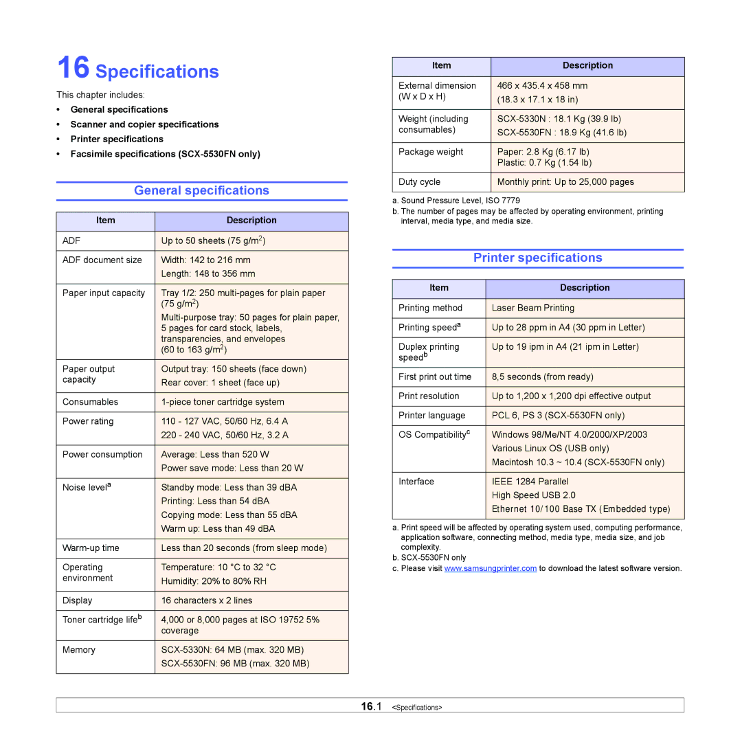 Samsung SCX-5x30 manual Specifications, General specifications, Printer specifications 