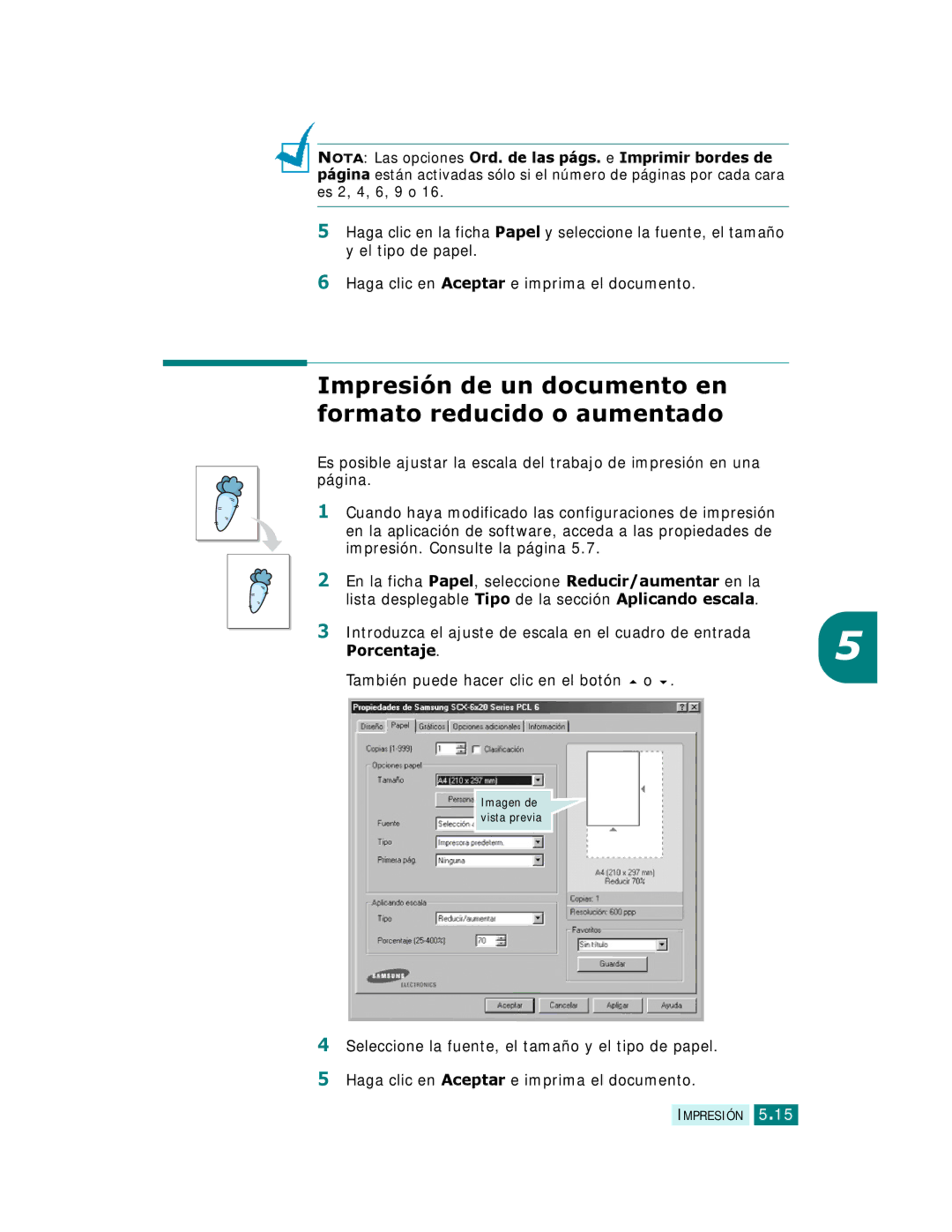 Samsung SCX-6320F, SCX-6220 manual Impresión de un documento en formato reducido o aumentado, Porcentaje 