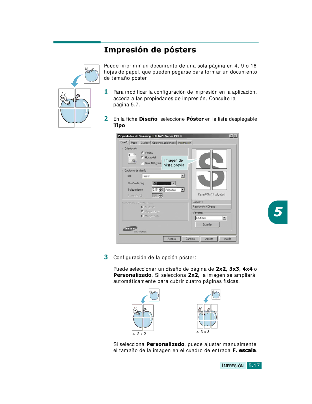 Samsung SCX-6320F, SCX-6220 manual Impresión de pósters, Configuración de la opción póster 