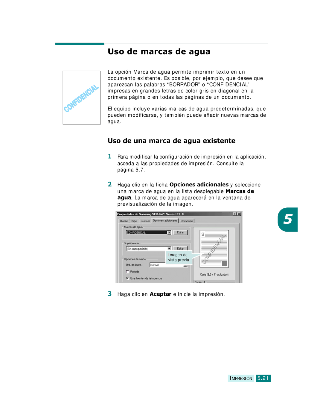 Samsung SCX-6320F Uso de marcas de agua, Uso de una marca de agua existente, Haga clic en Aceptar e inicie la impresión 