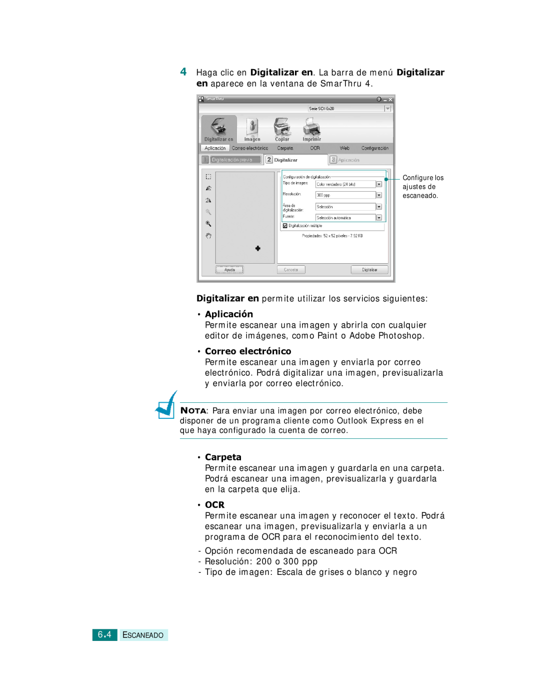 Samsung SCX-6220 manual Digitalizar en permite utilizar los servicios siguientes, Aplicación, Correo electrónico, Carpeta 