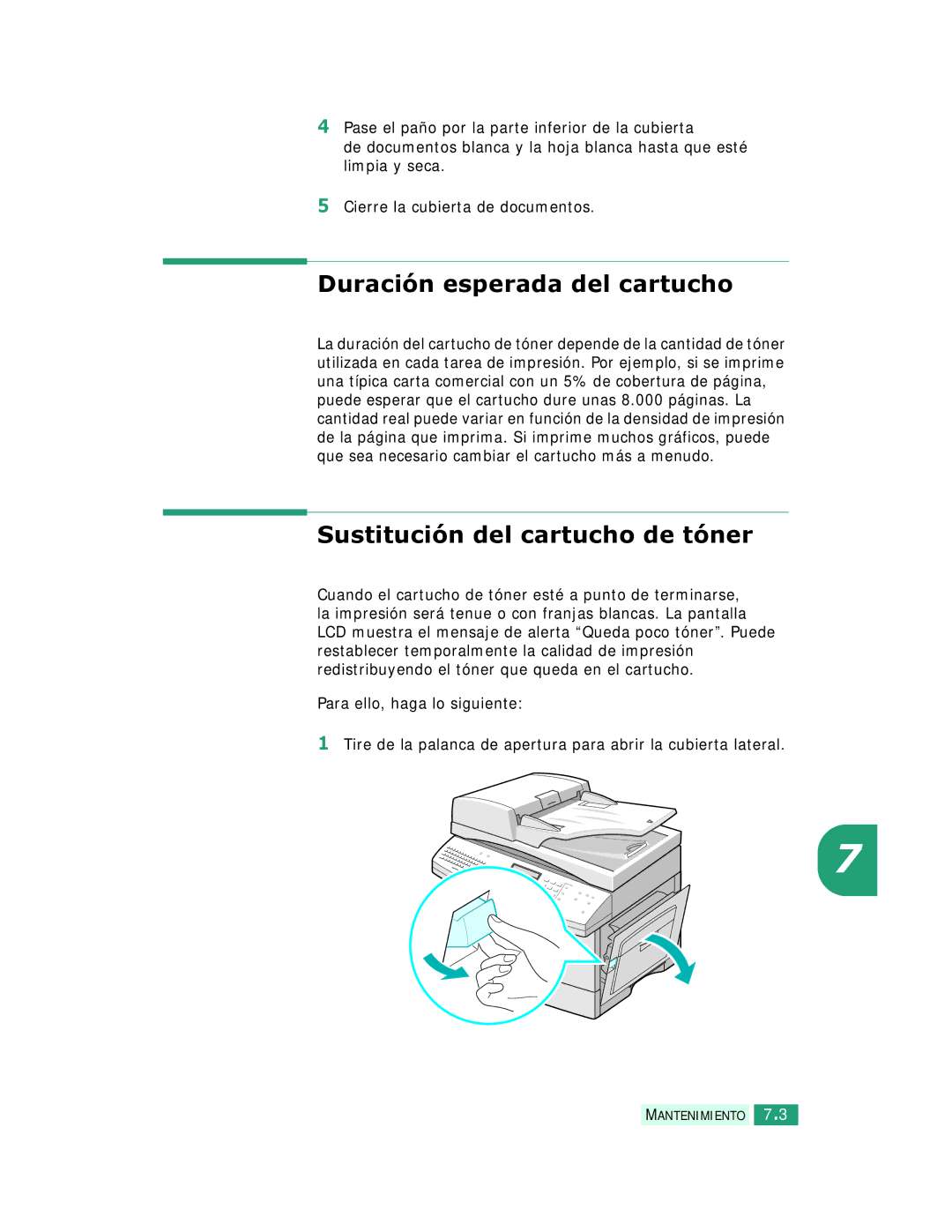 Samsung SCX-6320F, SCX-6220 manual Duración esperada del cartucho, Sustitución del cartucho de tóner 