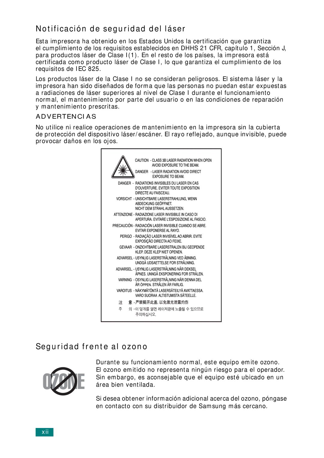 Samsung SCX-6220, SCX-6320F manual Notificación de seguridad del láser, Seguridad frente al ozono 