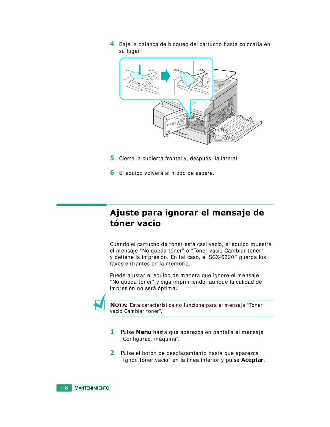 Samsung SCX-6220, SCX-6320F manual Ajuste para ignorar el mensaje de tóner vacío 