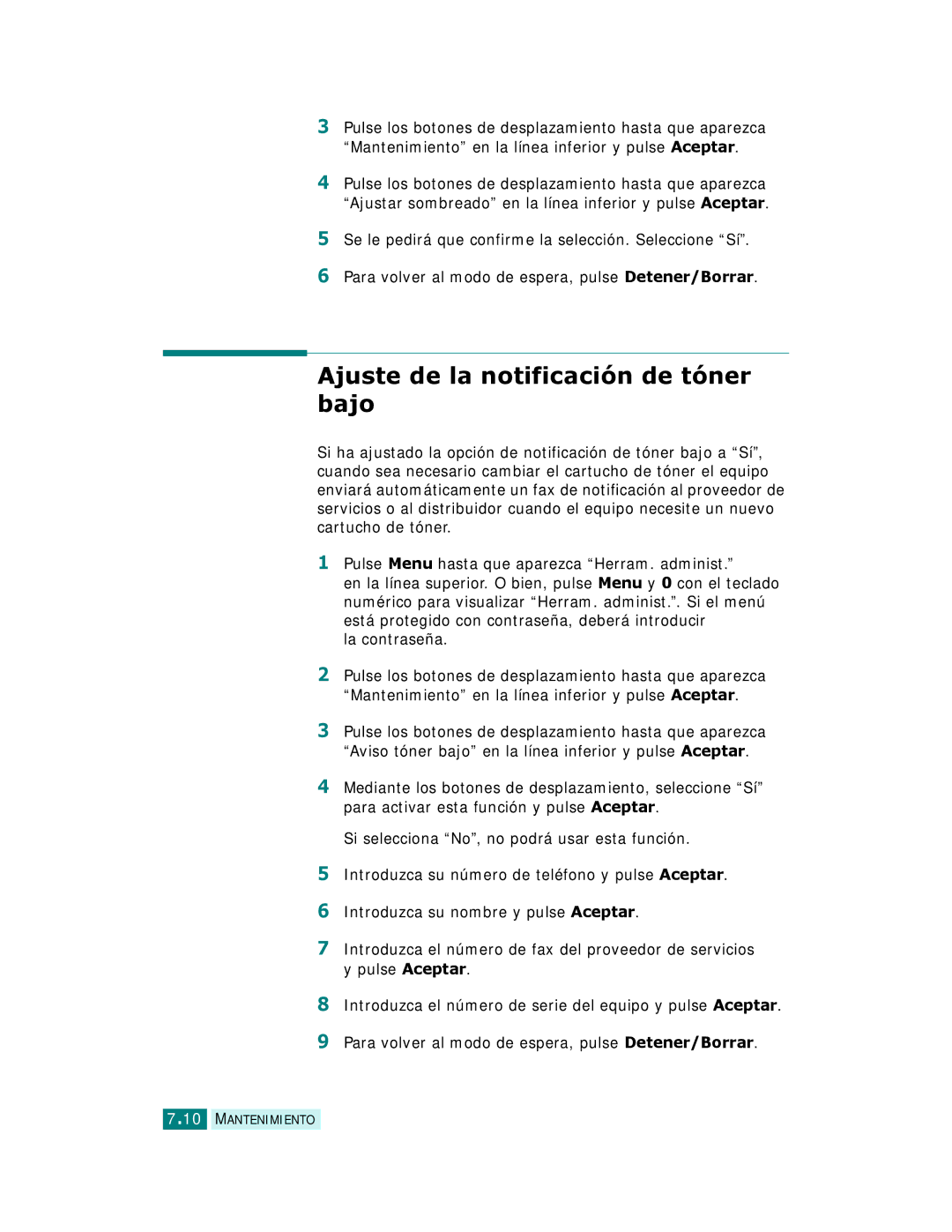 Samsung SCX-6220, SCX-6320F manual Ajuste de la notificación de tóner bajo 